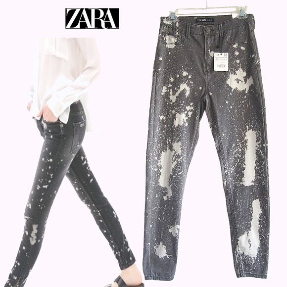 Zara NEW Y2K Paint Splatter High Rise Denim Skinny Legging Jean 8 - Picture 1 of 12